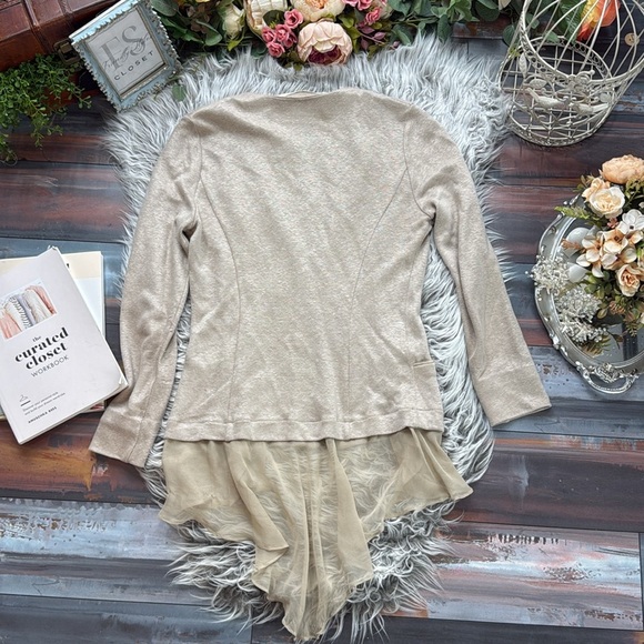 Max Studio 2 Ply Cashmere Beige sheer Panel High-Low Jacket - Picture 10 of 11